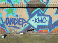 829580 Detail van graffiti op de voorgevel van een leegstaand pand aan de even zijde van de Aardbeistraat te Utrecht: ...
